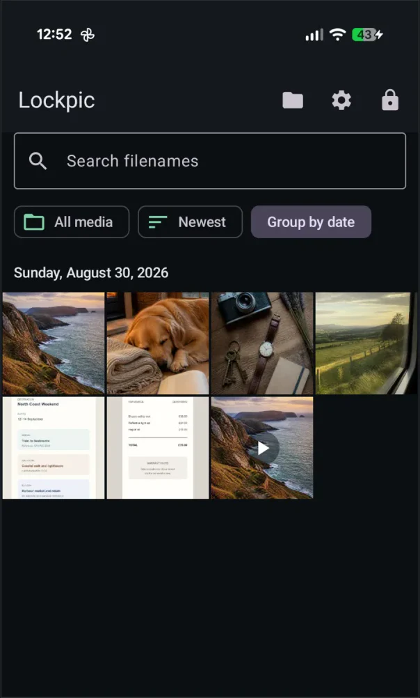 Lockpic encrypted gallery showing generated example photos, documents, and a video
